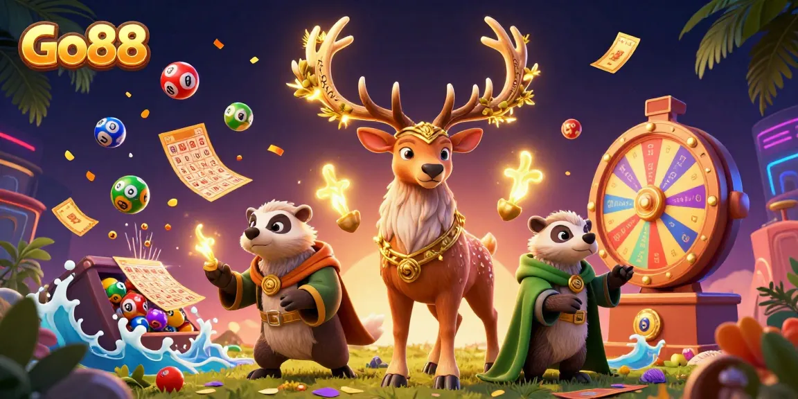Engage with Go88's vibrant 3D casino scene featuring lottery elements and magical characters.