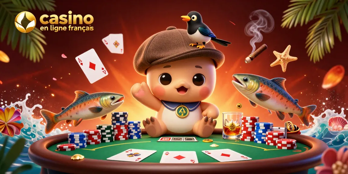 Jouer au casino en ligne français avec une illustration de personnages amusants et des éléments de jeu envolés