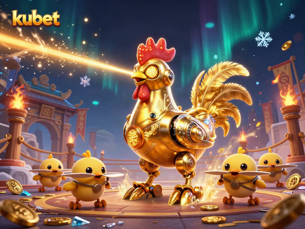 Engage with kubet through dynamic 3D casino action featuring a golden rooster robot.