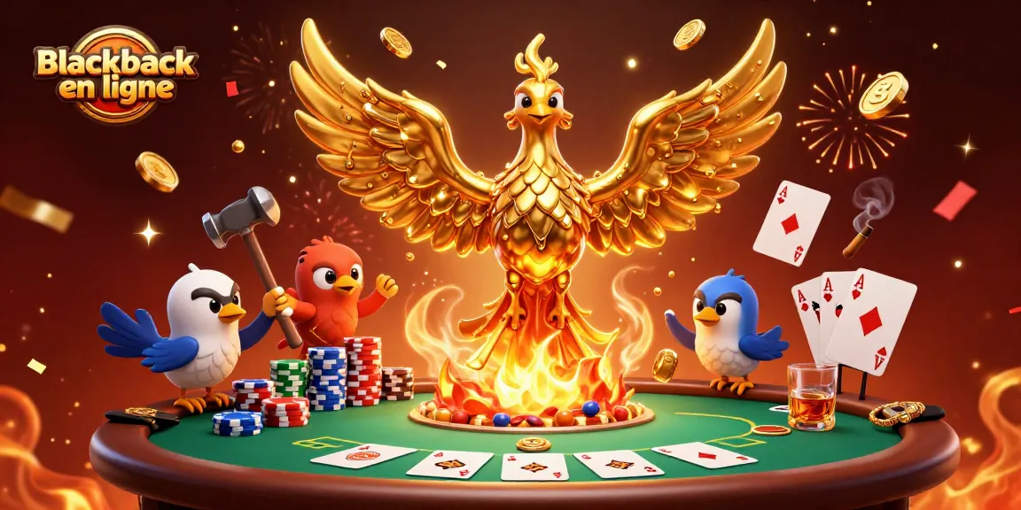 Jouez au blackjack en ligne avec des gains alléchants illustrés par un phénix doré et des assistants
