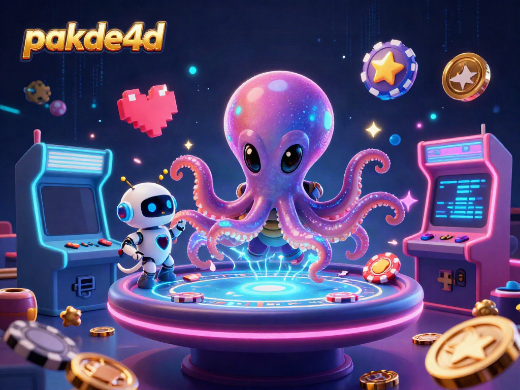 Engage with pakde4d's vibrant alien octopus at a holographic poker table amidst dynamic casino elements.