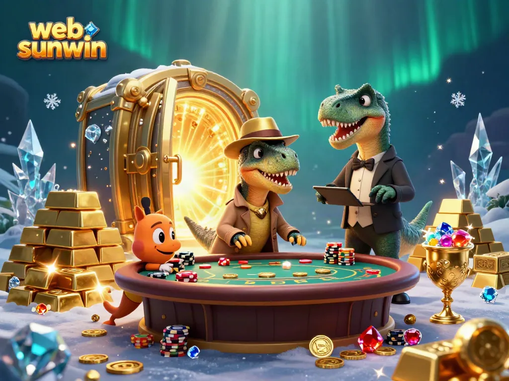Experience gaming excitement at web sunwin with our playful velociraptor card counter and vibrant casino scene.