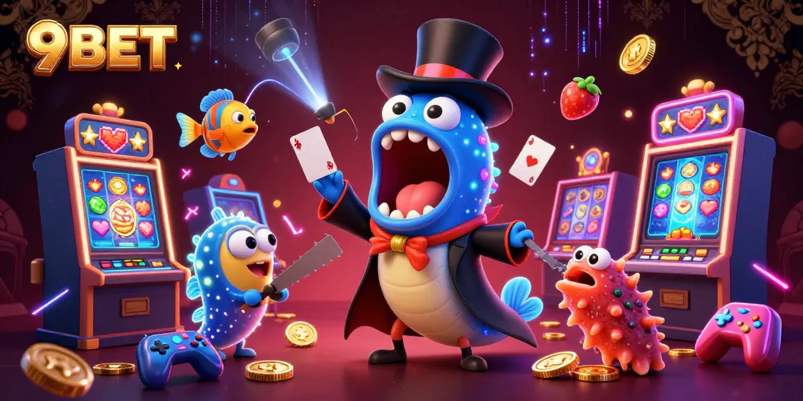 Engage with 9BET as a gulper eel magician, showcasing thrilling casino fun with colorful games.