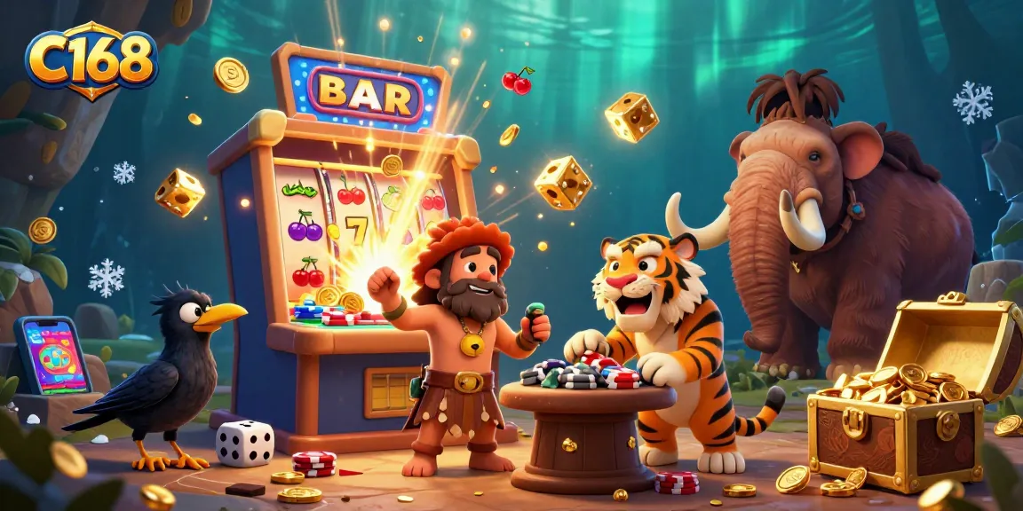 C168 brings the thrill of casino gaming to life with a vivid scene of cavemen and slot machines.