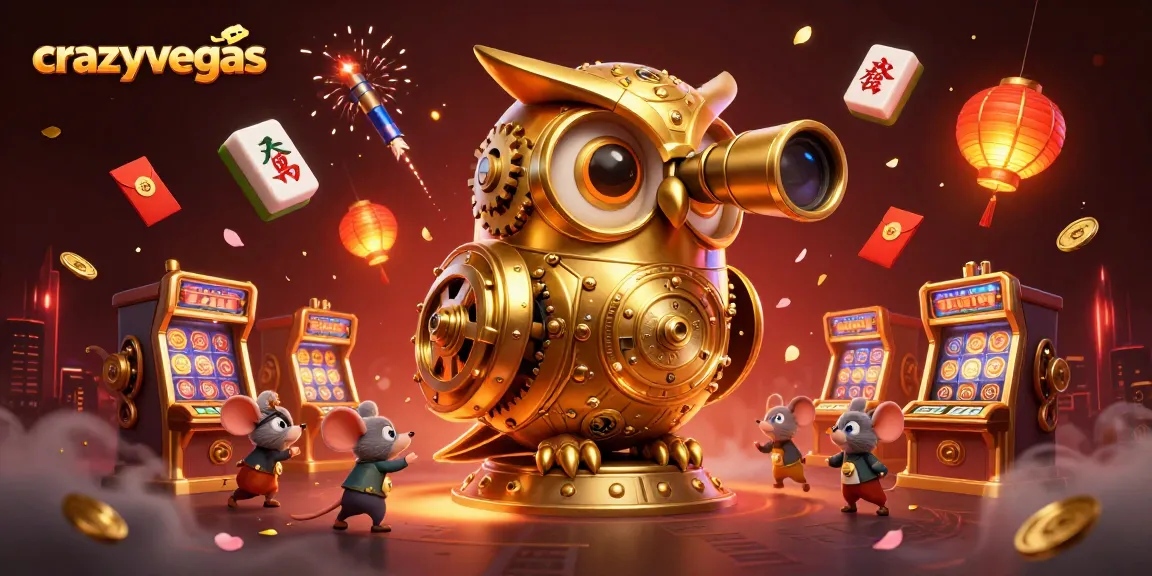 Capture big wins at crazyvegas with a dynamic casino scene featuring a clockwork owl and festive symbols.