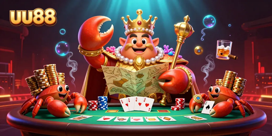Experience exciting gameplay at uu88 with a golden crab emperor and poker elements in an underwater casino setting.