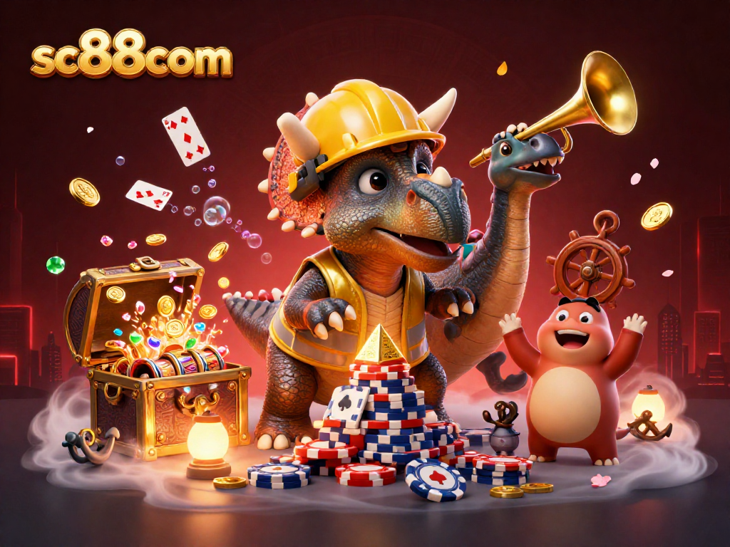 Engage with sc88com's thrilling casino excitement, watching cartoon triceratops building poker chips.