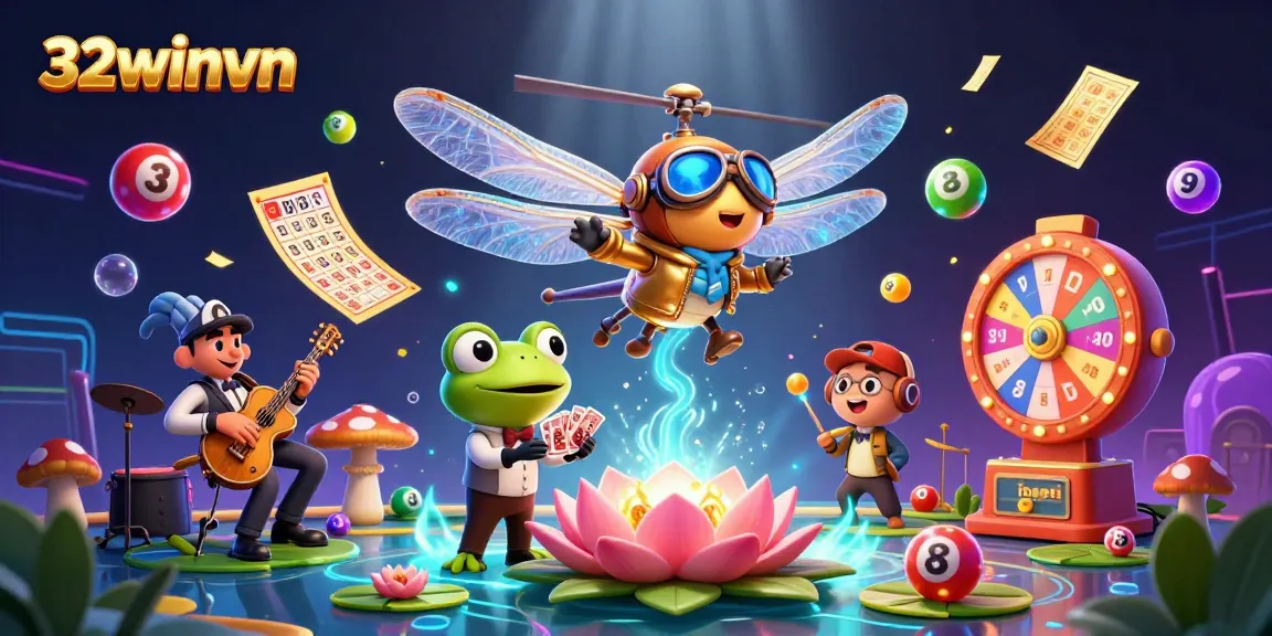 Experience winning excitement in a vibrant 32winvn gaming scene with colorful lottery elements and engaging characters.