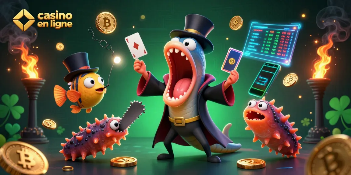 Jouer dans un casino en ligne crypto avec un poisson-lanterne et un anguille gulper magicien partageant des pièces de Bitcoin