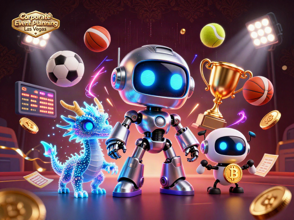 Engage with Corporate Event Planning Las Vegas through a dynamic 3D scene featuring futuristic elements and interactive gaming.