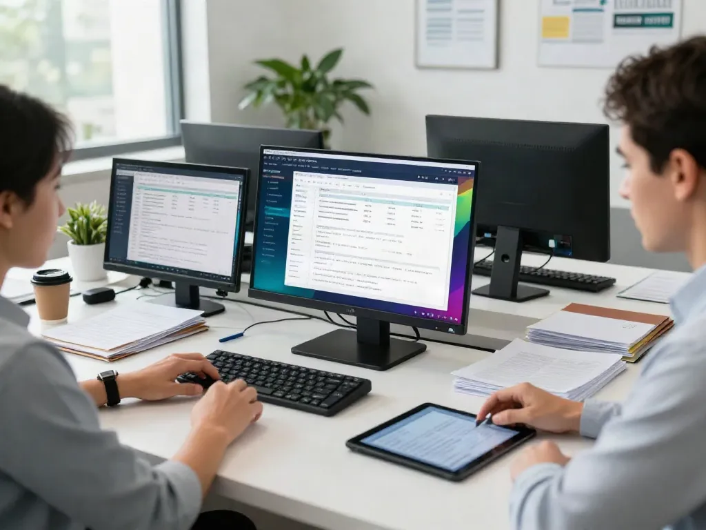 Tax software to start a tax business displayed on multiple screens in a modern office.