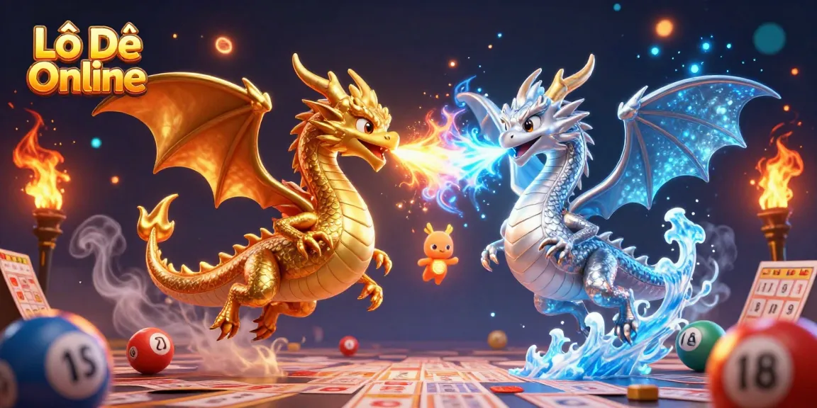 Experience the excitement of Lô Đề Online with twin dragons symbolizing fortune amidst dynamic lottery elements.