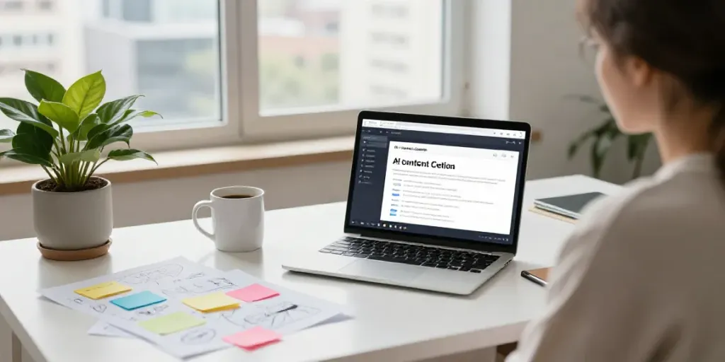 AI content creation scene with a writer using a laptop in a bright workspace.
