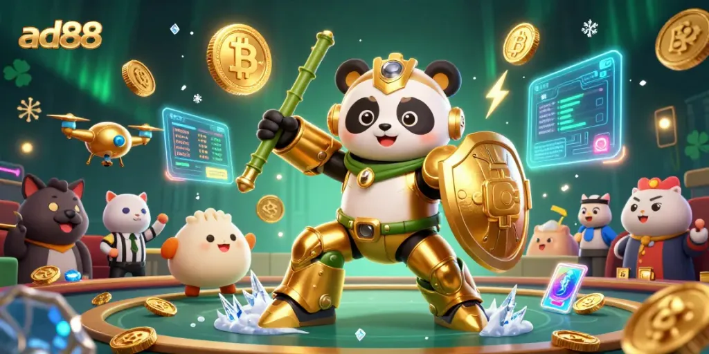 Engage with ad88's exciting gaming scene featuring a panda in a mech suit amidst a vibrant casino