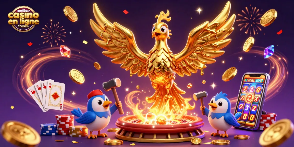 Illustration dynamique illustrant le meilleur casino en ligne France avec un phoenix doré émergeant d'une forge.