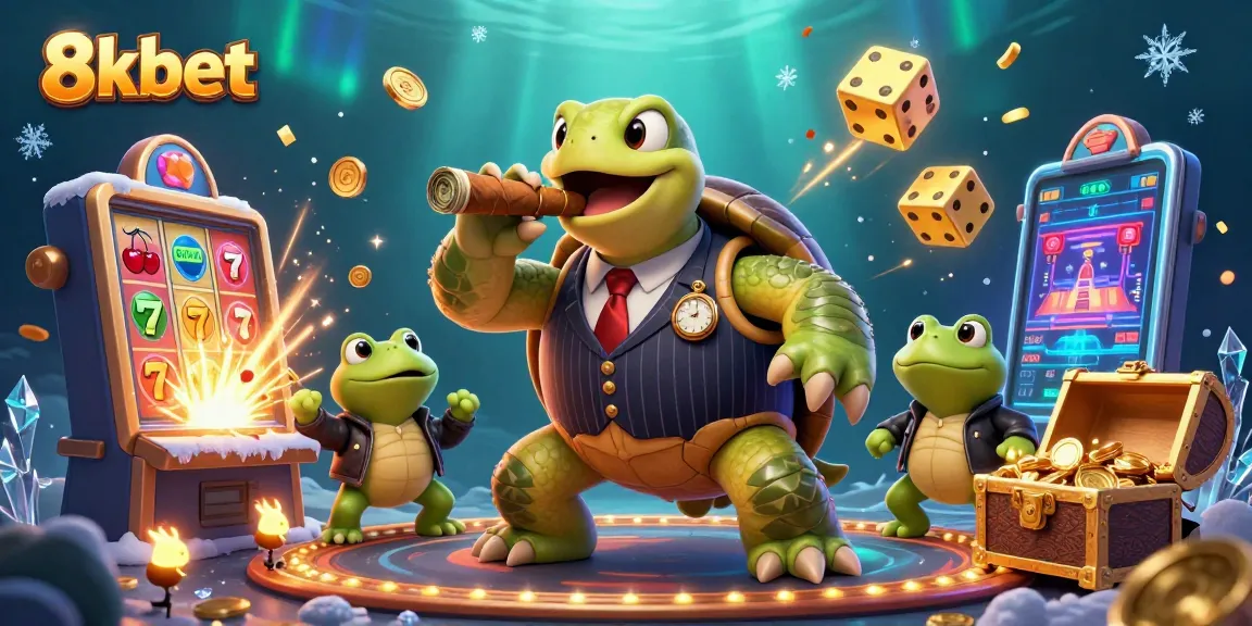 Experience the excitement of 8xbet with a lively casino scene featuring a snapping turtle and bullfrog enforcers.