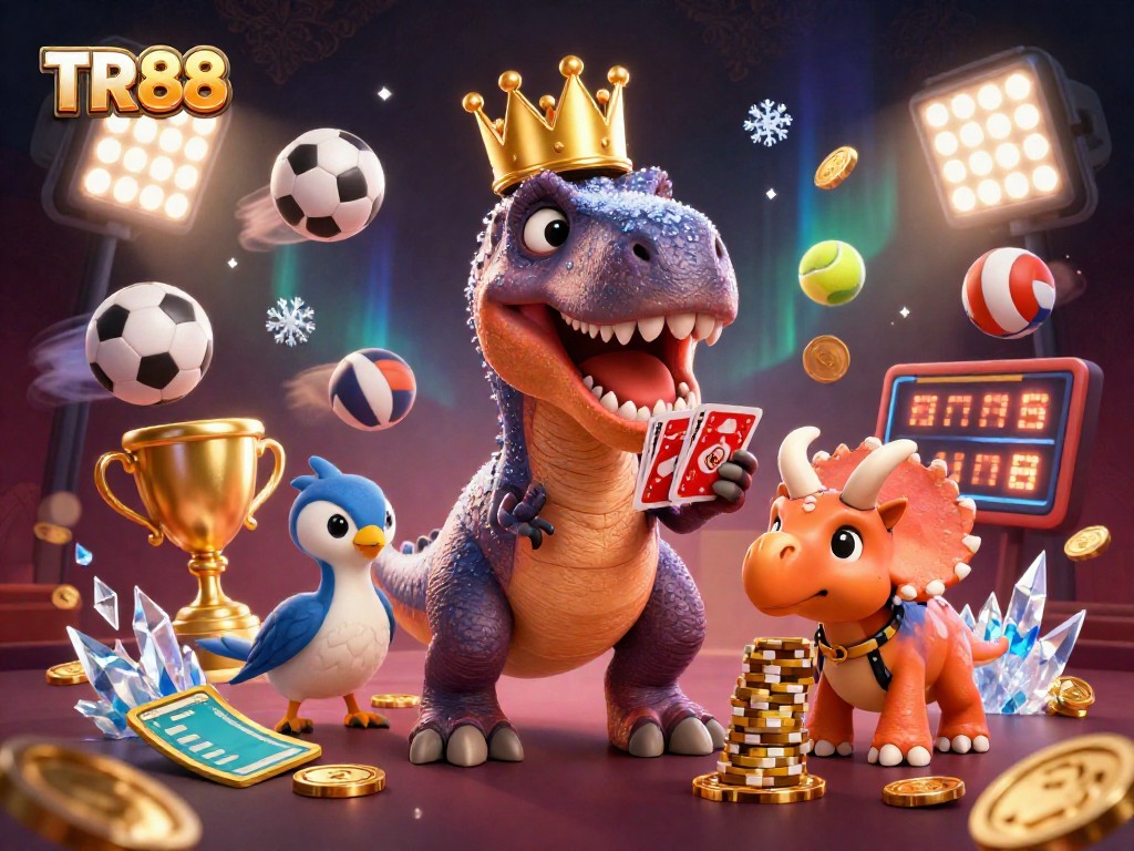TR88 gamblers enjoy card games with friendly dinosaurs in a colorful, vibrant casino setting.