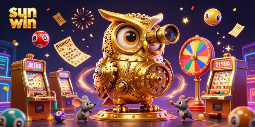 Engage with the exhilarating casino atmosphere with sun win's dynamic owl and lively game elements, showcasing vibrant colors and action.