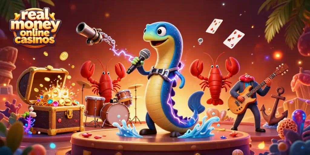 Engage in exciting gameplay at real money online casinos with a vibrant DJ eel and ocean-themed elements.