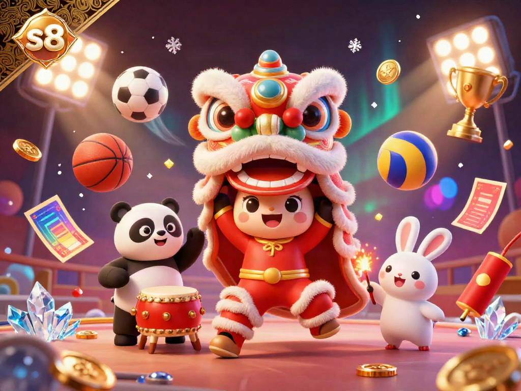 Engage with vibrant s8-themed 3D casino illustration featuring lion dance characters, sports balls, and festive elements.