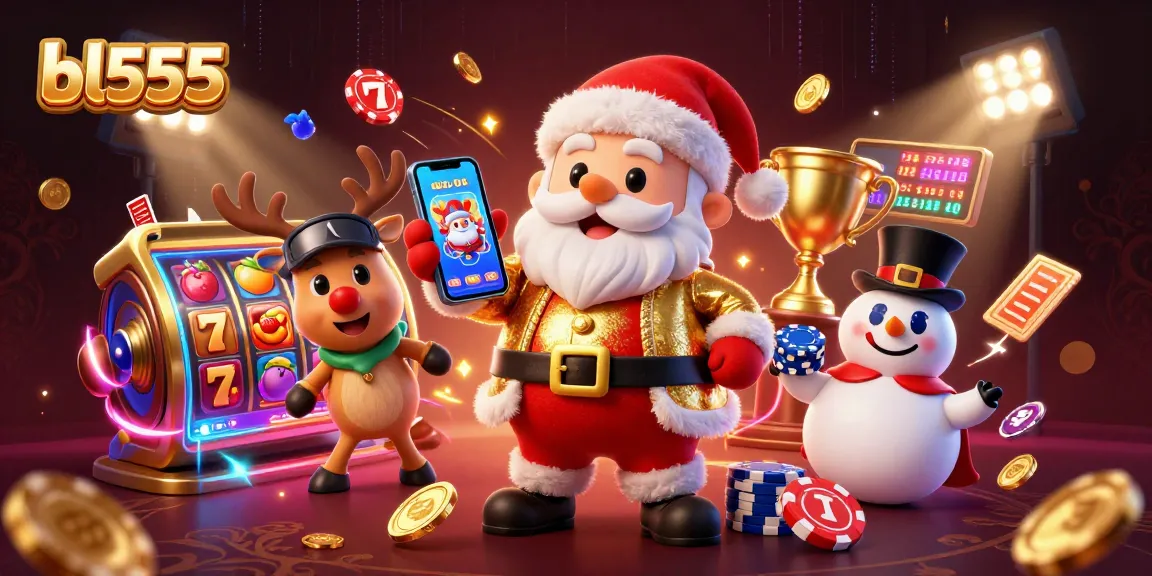 Spin the reels at bl555 with Santa and friends in a festive casino scene filled with jackpot symbols and excitement.