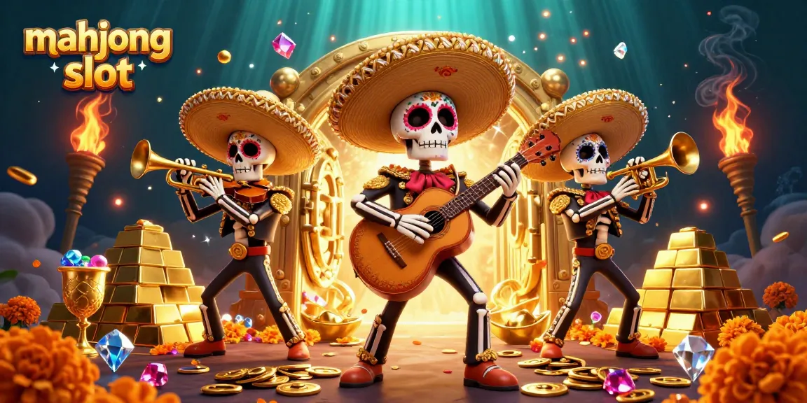 Experience the excitement of mahjong slot with vibrant skeleton mariachi characters and dazzling treasures.