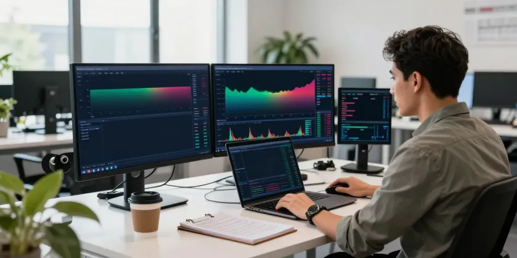 Engaged trader using TradingView tools while analyzing market trends in a bright workspace.
