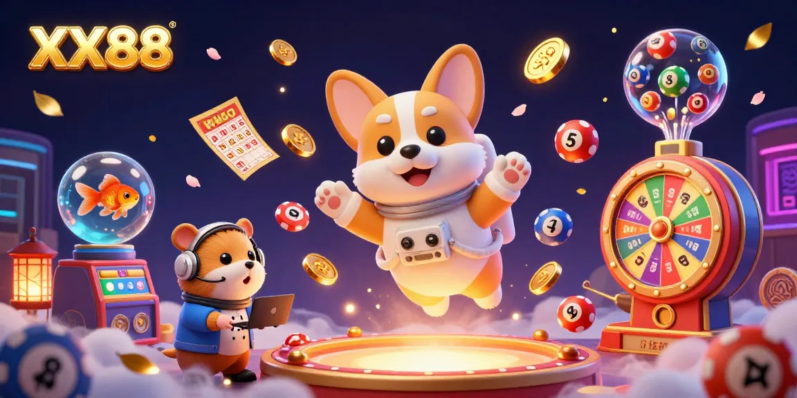 Engaging scene showcasing XX88, where a floating astronaut corgi navigates a vibrant casino atmosphere filled with poker chips, lottery balls, and excitement.
