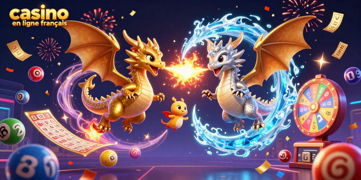 Illustration captivante de dragons 3D représentant le casino en ligne français avec des symboles de jeux et de chance.