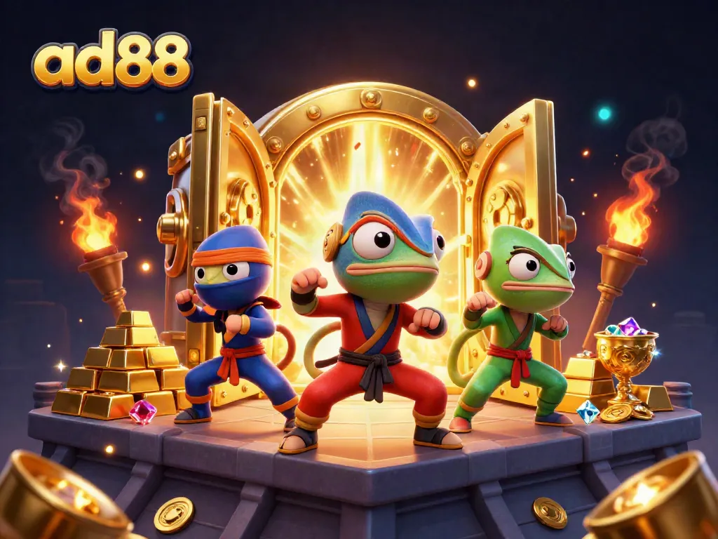 ad88 offers dynamic casino action with a vibrant team of ninja chameleons amidst golden treasures.