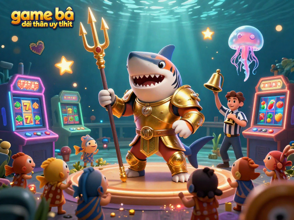 Engage with the exciting world of game bài đổi thưởng uy tín, featuring a golden shark gladiator amidst vibrant slot machines.