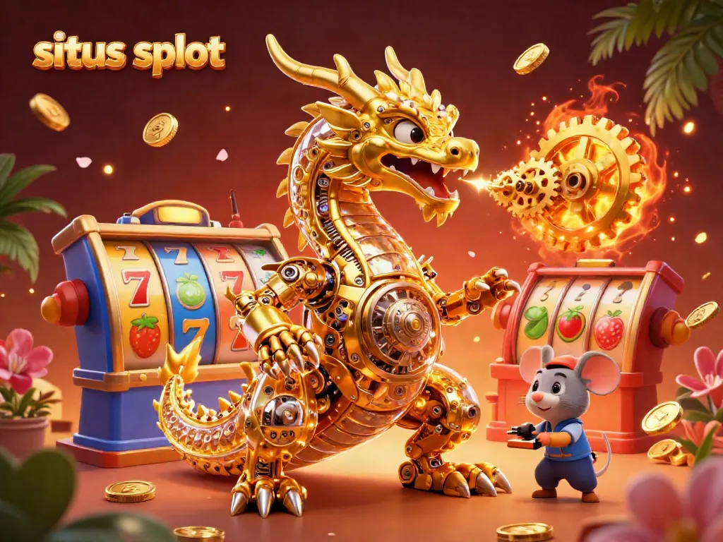 Engage with situs slot action through a vivid illustration of a golden dragon amidst spinning slot reels and rich decorations.