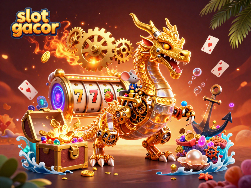 Experience the thrill of slot gacor with a dragon surrounded by vibrant casino elements.