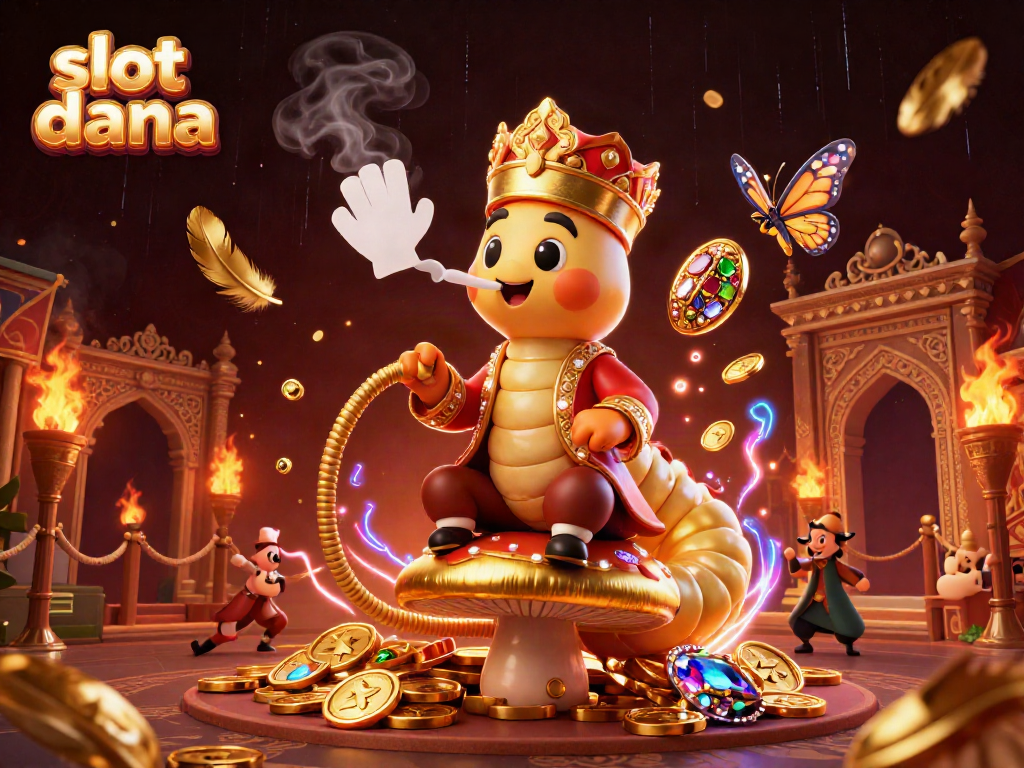 Ilustrasi 3D karakter ulat raksasa bertema kasino dengan simbol poker, menggambarkan slot dana.