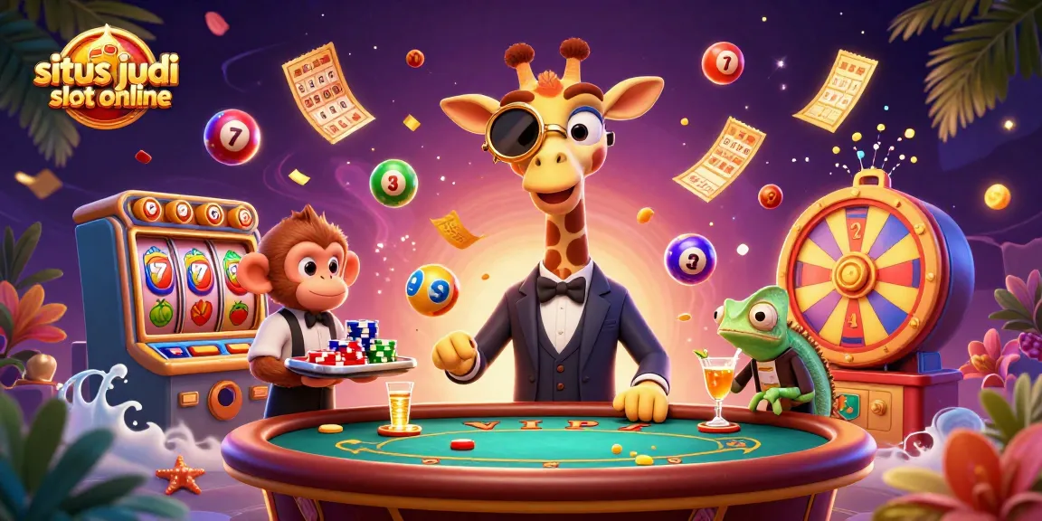Spin and win at situs judi slot online with a high-roller giraffe and casino elements in a vibrant scene.