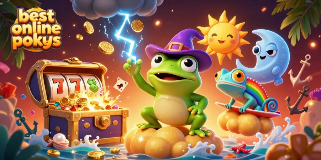 Experience the thrill of the best online pokies with golden coins and vibrant characters in a stunning 3D illustration.