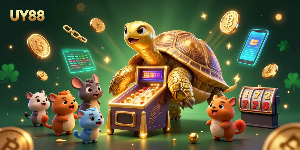 Experience UY88's thrilling gaming adventure featuring a massive tortoise pinball machine in a dazzling casino setting.