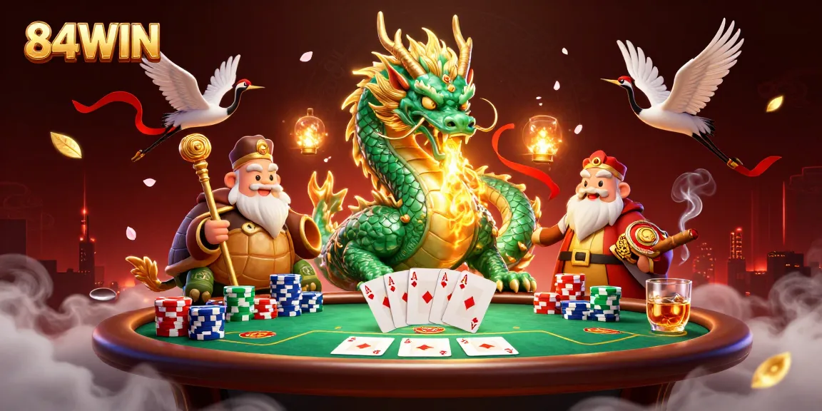 Engage with the dynamic world of 84WIN featuring a jade dragon, turtle sage, and lucky cranes in a vibrant casino scene.
