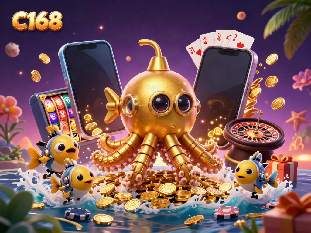 C168 players enjoy vibrant slots and games as a golden kraken submarine emerges from coins.