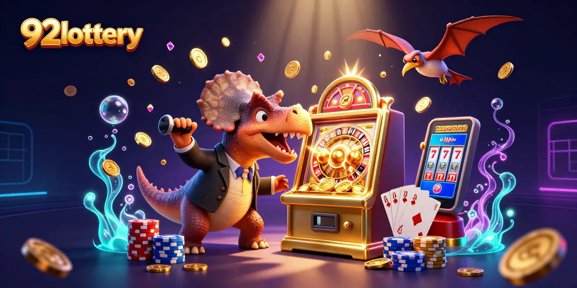 92lottery thrilling scene with a dinosaur jackpot frenzy and golden coins cascading.
