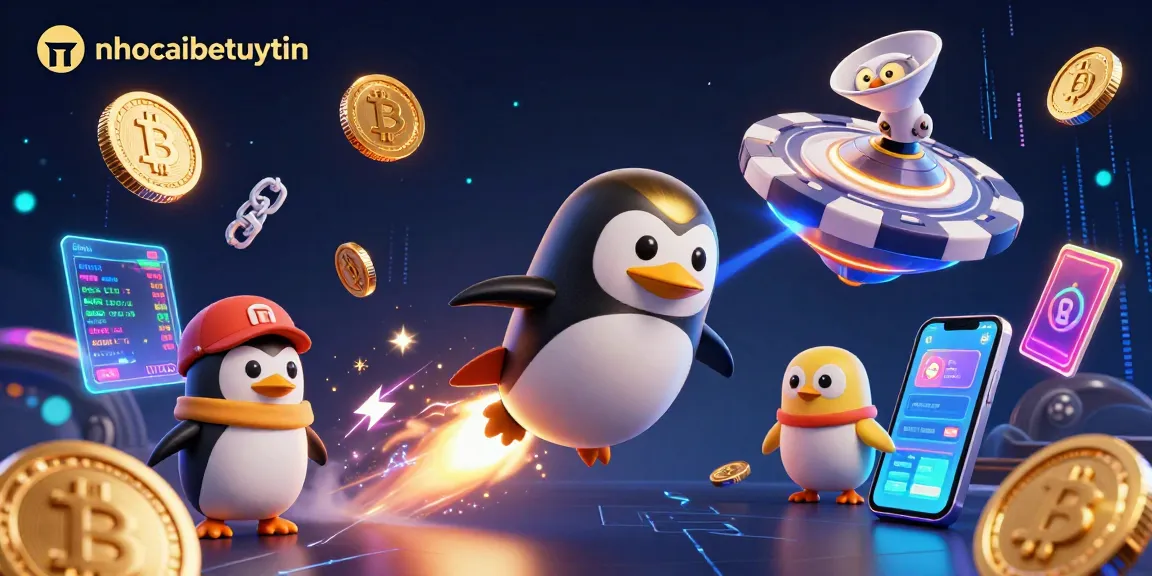 Bets on nhacaibetuytin fuel excitement with a golden penguin and crypto coins dancing in space.