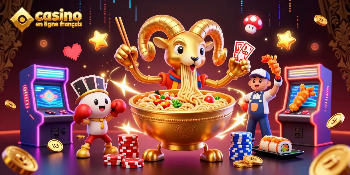 Illustration dynamique mettant en avant le casino en ligne francais avec un bol de ramen géant et des éléments de jeu colorés.