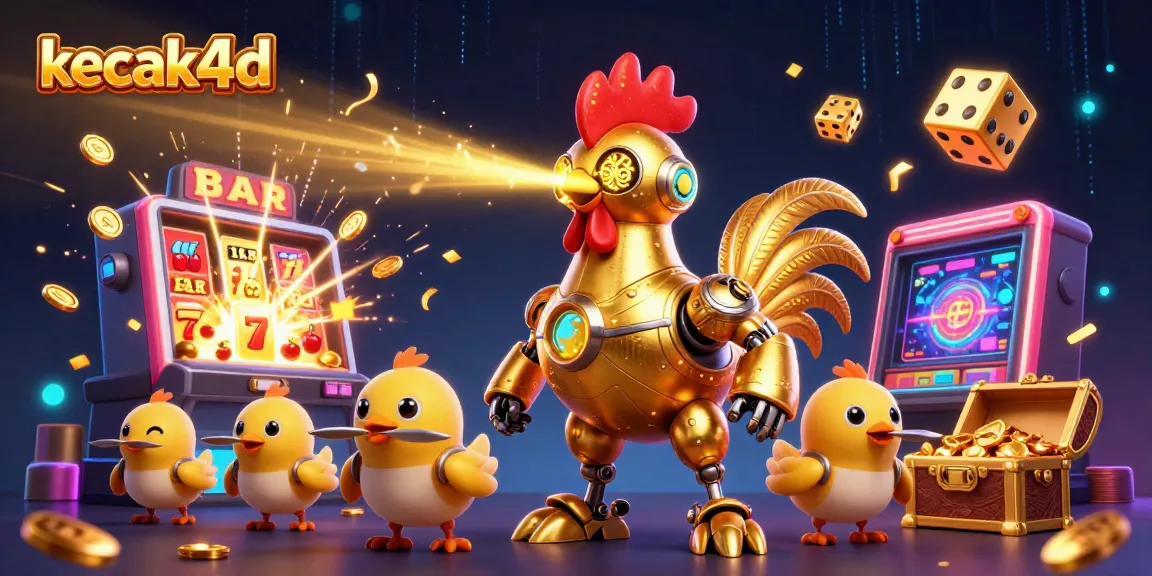 Engage with kecak4d's thrilling gambling experience featuring a golden rooster robot amidst an explosion of slot symbols.