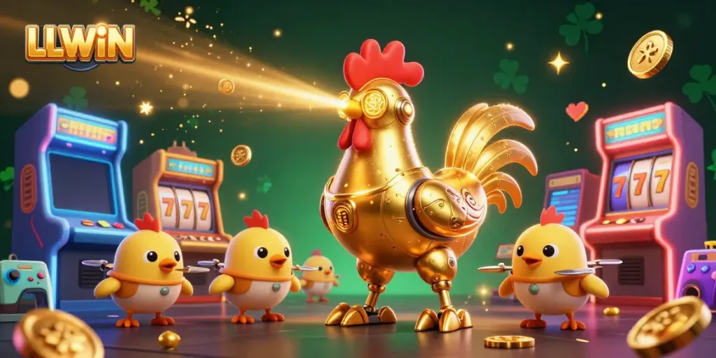 LLWIN's playful 3D golden rooster robot and baby chick drones celebrate a vibrant casino atmosphere.