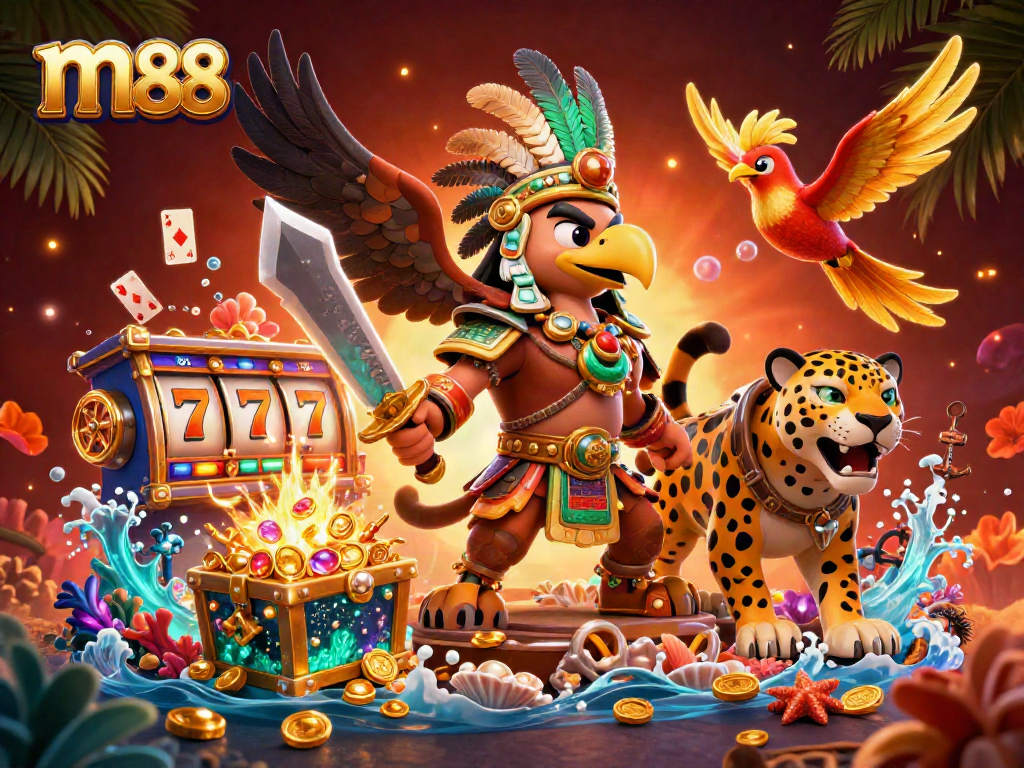 Engage with m88 in a vibrant 3D casino scene featuring dynamic Aztec warrior elements and exciting gaming visuals.