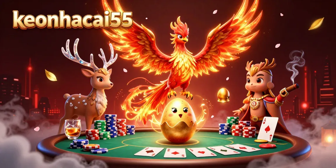Engage with keonhacai55 by exploring vibrant casino elements featuring a fire phoenix and a mystical stag.
