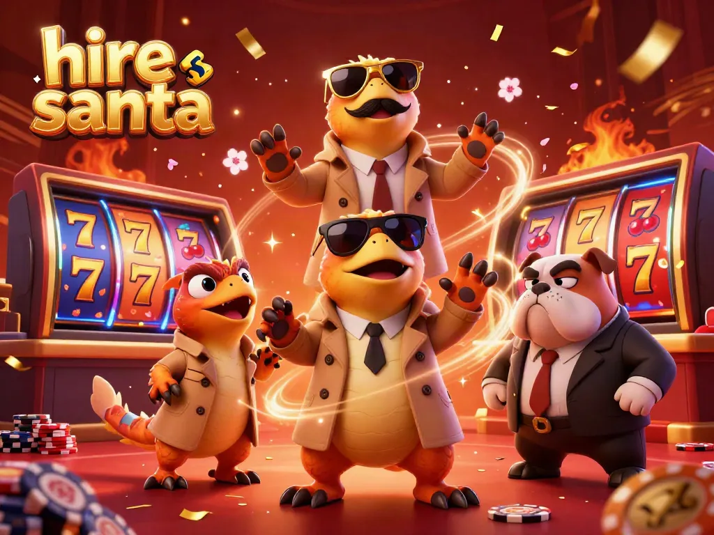 Hire Santa in a casino-themed scene featuring raptors in a trench coat with slot reels and festive elements.