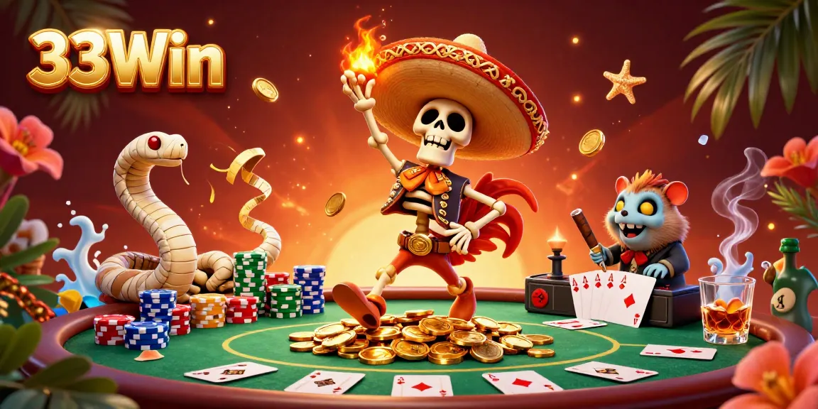 Experience the fun of 33Win with vibrant characters celebrating victory on a poker theme.