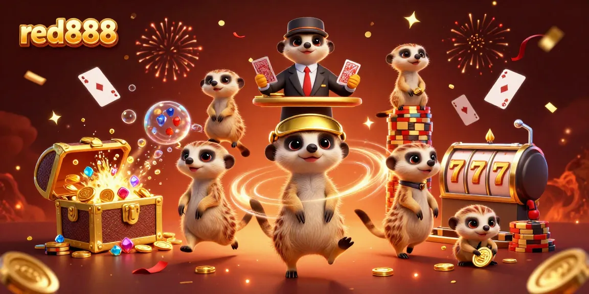 Experience the excitement of gaming at red888 with meerkats in a vivid casino scene.