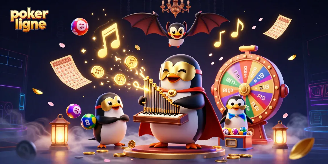 Joue au poker en ligne, avec un pingouin fantôme jouant de l'orgue, des pièces d'or et un acrobate chauve-souris.